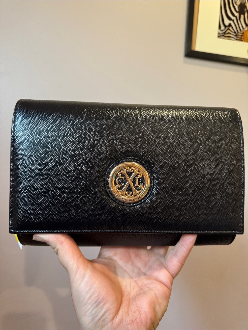 Christian Lacroix Black Pebbled Leather Flap crossbody with Gold Emblem